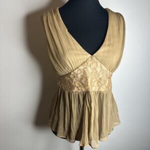 Vintage Lovestruck Silk Peplum Top Medium Beige Lace Chiffon Boho Coquette USA